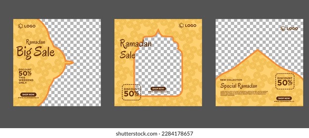 Set Ramadan Sale Square Banner Promotion Template. Perfect for Web Promotion and Social Media Post Template for Ramadan Kareem Greeting Cards, Events and more. Vector illustration.