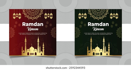 Set Ramadan Sale Square Banner Promotion Template. Suitable for Web Promotion and Social Media Template Post for Ramadan Kareem Greeting Card, Event, and etc. Vector Illustration. Pro Vector 