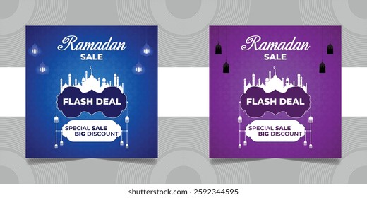 Set Ramadan Sale Square Banner Promotion Template. Suitable for Web Promotion and Social Media Template Post for Ramadan Kareem Greeting Card, Event, and etc. Vector Illustration. Pro Vector 