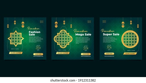 Set of Ramadan social media post template with Green background suitable for fashion sale, eid mubarak, and more islamic event