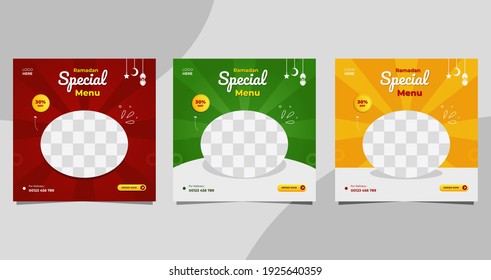 Set of Ramadan social media post templates with Red, green and yellow background, suitable for food and drink banners