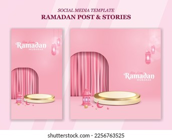 Set ramadan social media post and stories. Eid mubarak banner layout arabian style art. Islamic background for muslim event or culture