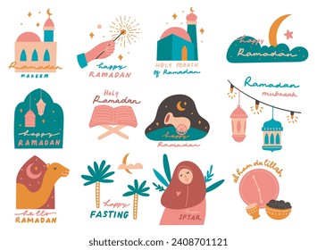 Set ramadan sticker in flat style doodle illustration, eid al fitr greeting card design elements 