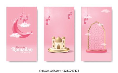 Set ramadan story update for social media template.Information islamic background podium design. Ramadan sale banner template