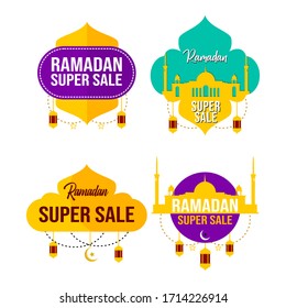 Set of Ramadan Super Sale Design Vector Template. Flat Design Element for Sticker, Badge, Logo, Banner, Flyer. with Mosque, Moon, Star and Lantern Vector