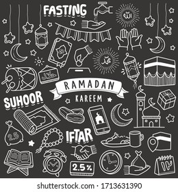 Conjunto de elementos de doodle vectorial ramadan. Diversos tipos de elementos ramadan dibujados a mano en estilo de ilustración de pizarra