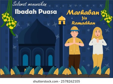 Set of Ramadhan concept illustration. Eid Mubarak greeting. vector illustration, Happy Muslim people celebrate Holy Month Ramadhan.