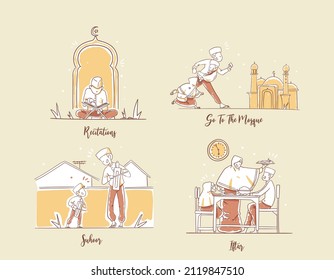 Set of Ramadhan Hand Draw Illustration of people do Recitations, Go to the mosque, suhoor, and iftar