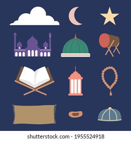 Set of ramadhan stuff such as drum, mosque dome, prayer beads, dates, cap, veil, prayer mat, mukena, Al-Qur'an, lantern isolated on navy blue background. Flat cartoon vector illustration