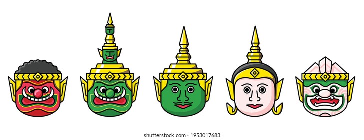 Set of Ramayana face mask in Thai culture dancing drawing  isolated vector. Hand drawn object illustration for your presentation, teaching materials or others.