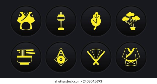 Set Ramen, Bonsai tree, Korean lantern, Traditional fan, Kimchi, N Seoul tower in South, Kimono and  icon. Vector