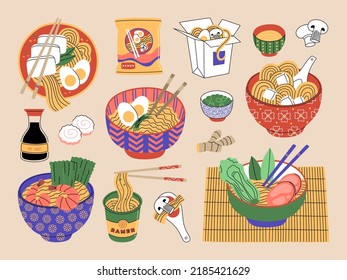 Set of ramen in bowls, chopsticks and souses. Different noodle packages and soup recipes. Traditional popular asian hot meal. Hand drawn color vector illustration. Modern flat cartoon style.