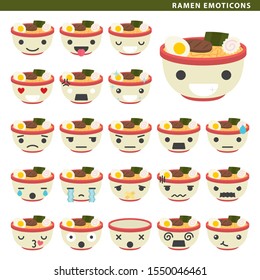 Set of ramen emoticons with different faces and expressions.