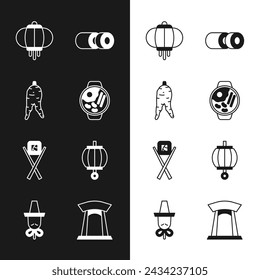 Set Ramen, Ginseng root, Korean lantern, Sushi, with chopsticks, gate and hat icon. Vector