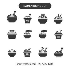  Set of ramen icons. Flat noodle bowl simple vector pictogram style symbol.
