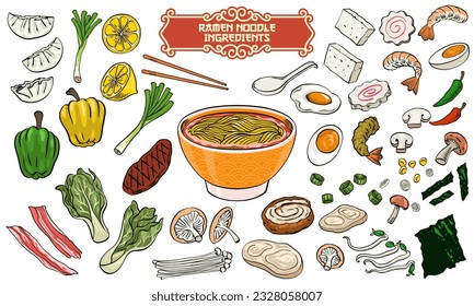 Set of ramen ingredients in hand drawn style