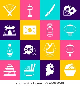 En Ramen, linterna coreana, Katana, bandera del Sur, templo, fan tradicional e ícono. Vector
