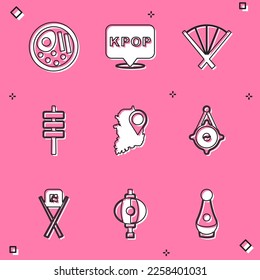 Set Ramen, K-pop, Traditional fan, Korean food tokpokki, South map, lantern, Sushi with chopsticks and  icon. Vector