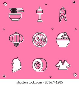 Set Ramen, N Seoul tower in South Korea, Ginseng root, Korean lantern, map and Sushi icon. Vector