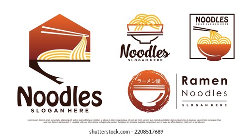 Set of ramen noodle icon logo design bundle with bowl, chopstick and creative concept Premium Vector