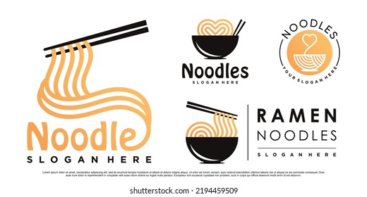 Juego de dibujos de diseño del logotipo de fideos ramen para restaurante con concepto creativo Vector Premium