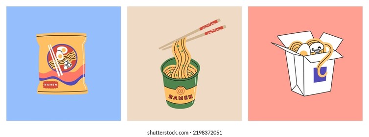 Set of ramen noodle soup. Traditional asian food in cup, box and packaging. Popular asian fast food. Hand drawn vector illustration isolated on color background. Modern flat cartoon style.