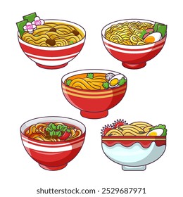 Set of Ramen Noodles in a Bowl Illustration