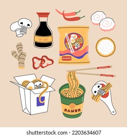Set of ramen noodles soup. Different packing, souses, chopsticks. Traditional popular asian hot food. Hand drawn color vector illustration isolated on blue background. Flat cartoon style.
