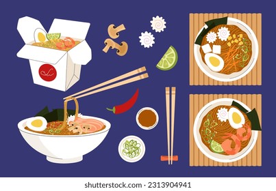 Vista de la sopa de fideos de ramen. Cocina tradicional asiática y coreana. Tazón y caja con fideos, huevos y verduras. Colección vectorial plana de dibujos animados aislada en fondo azul