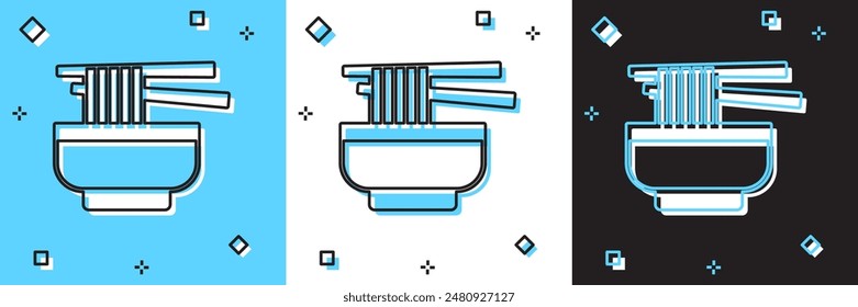 Set Ramen soup bowl with noodles icon isolated on blue and white, black background. Bowl of traditional asian noodle soup.  Vector