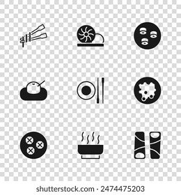 Set Ramen soup bowl, Rice in, Guotie, Food chopsticks with plate, Sushi, noodles, Xiao long bao and Mochi icon. Vector