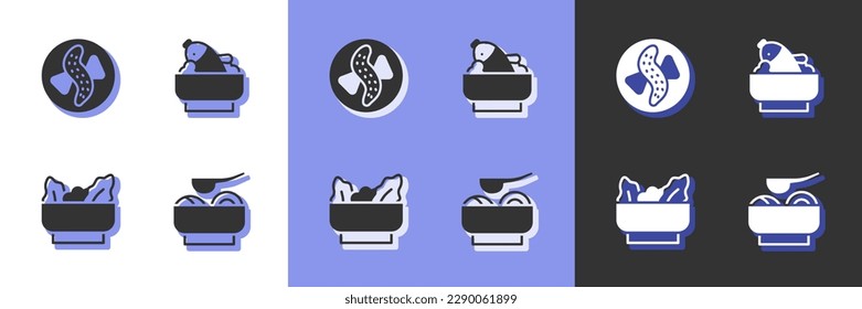 Set Ramen soup bowl, Served cucumber on plate, Wonton and Rice with fish in icon. Vector