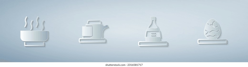 Set Ramen soup bowl, Traditional tea ceremony, Bottle of sake and Chinese egg. Paper art style. Vector