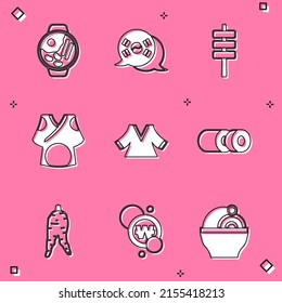 Set Ramen, South Korea flag, Korean food tokpokki, Kimono, Sushi, Ginseng root and won coin icon. Vector