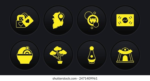 Set Ramen, South Korea flag, Bonsai tree, Soju bottle, Korean won coin, map, temple and Lock with heart icon. Vector