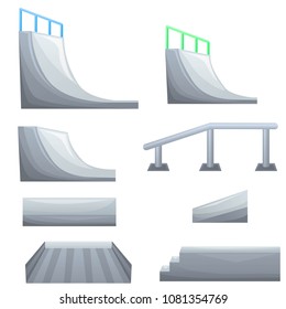 Juego de rampas, rodillos, escaleras para un parque de patinaje. Artículos para skateboarding. Diferentes objetos para el moderno hobby y el deporte. Ilustración del vector