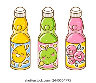 Set of ramune japanese lemonades with different flavors in glass bottle isolated on white