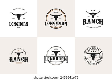 Set of ranch, longhorn buffalo, cow, bull logo design vintage style