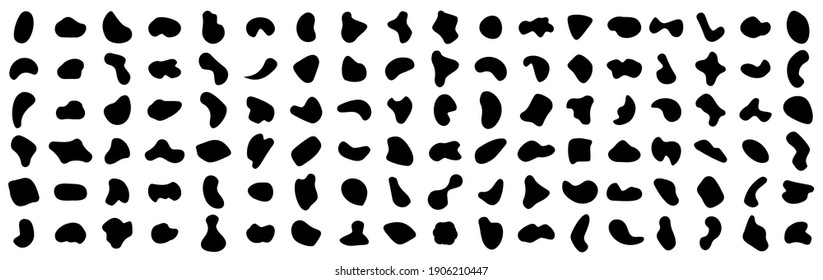 Set random abstract blotch shapes. Liquid shape elements. Black round blobs collection. Fluid dynamic forms. Rounded spot or speck of irregular form. Pebble, blotch, inkblot, stone and drops.