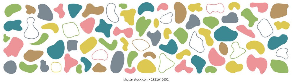 Set random abstract blotch shapes. Liquid shape elements. Black round blobs collection. Fluid dynamic forms. Rounded spot or speck of irregular form. Pebble, blotch, inkblot, stone and drops