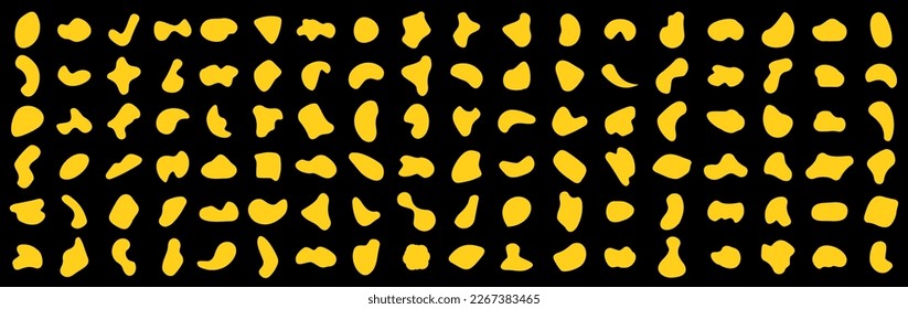 Set random abstract blotch shapes. Liquid shape elements. Yellow round blobs collection. Fluid dynamic forms. Rounded spot or speck of irregular form. Pebble, blotch, inkblot, stone and drops.