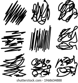 Set of random abstract hand drawn scribble art. Sketch graphic design isolated on white background.
