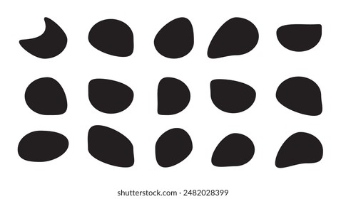 Set von zufälligen abstrakten flüssigen organischen schwarzen unregelmäßigen Fleck-Formen. Blob Formen Kollektion. Vektorillustration.
