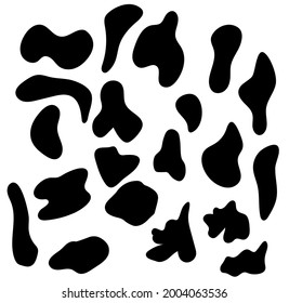 A set of random black spots. The spot is irregular in shape with a simple rounded smooth shape.  Vector grunge brush, spots. Abstract brush . Large set of ink blots. Black backdrops, patterns on white