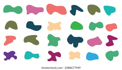 Set of random blob organic shape. Ink blob geometric round pattern. Liquid organic elements, spot different shapes and colors. Different blotch shapes collection. Vector illustration.