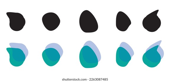 un conjunto aleatorio de manchas líquidas borrosas, patrones, líneas lisas sin forma de manchas simples resaltadas en un fondo blanco