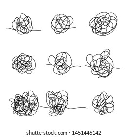 Set of random chaotic lines. Hand drawing insane tangled scribble clew. Vector icon isolated on white background.