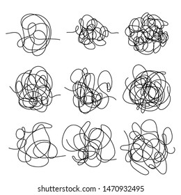 Set of random chaotic lines. Hand drawing insane tangled scribble clew. Vector icon isolated on white background.