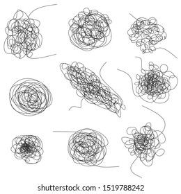 	
Set of random chaotic lines. Hand drawing insane tangled scribble clew. Vector icon isolated on white background. vector illustration