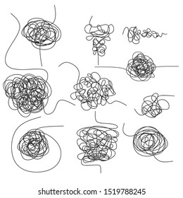 	
Set of random chaotic lines. Hand drawing insane tangled scribble clew. Vector icon isolated on white background. vector illustration